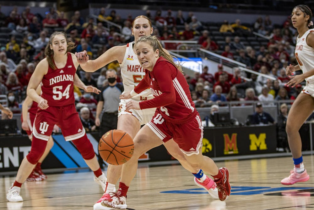 <p>Graduate guard Nicole Cardaño-Hillary attempts to recover a loose ball against Maryland on March 4, 2022, at Gainbridge Fieldhouse in Indianapolis. Indiana will face No. 1-seed Ohio State in the Big Ten Tournament semifinals on Saturday.</p>
