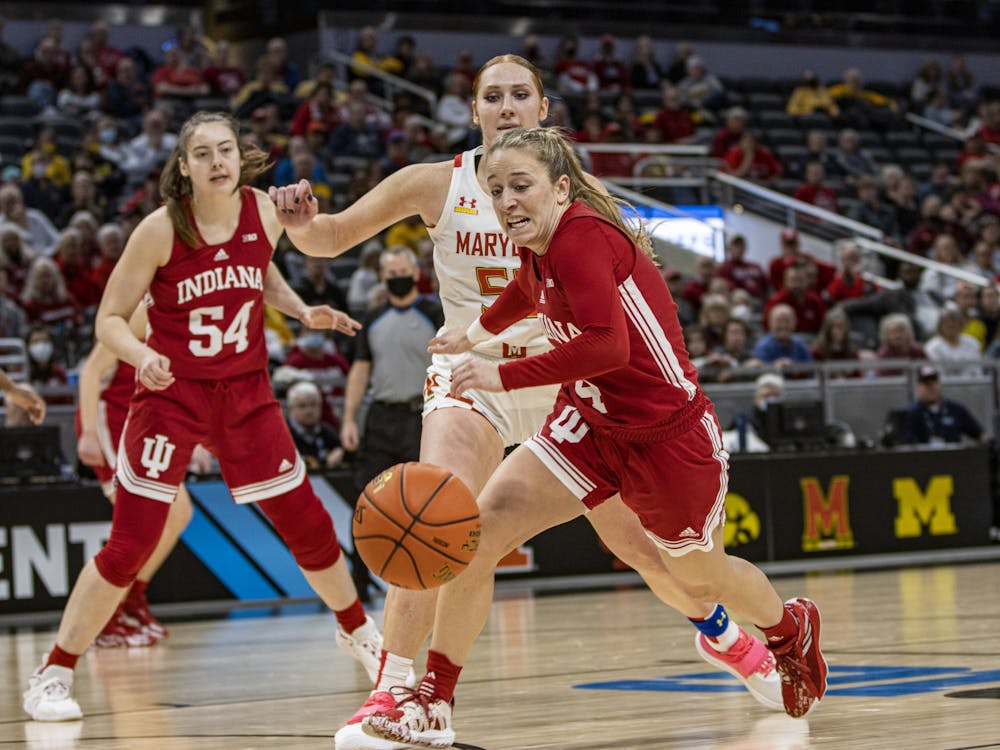 Graduate guard Nicole Cardaño-Hillary attempts to recover a loose ball against Maryland on March 4, 2022, at Gainbridge Fieldhouse in Indianapolis. Indiana will face No. 1-seed Ohio State in the Big Ten Tournament semifinals on Saturday.