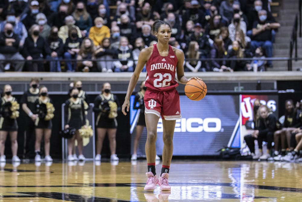 <p>Then-sophomore guard Chloe Moore-McNeil dribbles the ball up the court during the game against Purdue on Jan. 16, 2022, at Mackey Arena in West Lafayette, Indiana. Both of the 2022-23 season games against Purdue will be televised.</p>