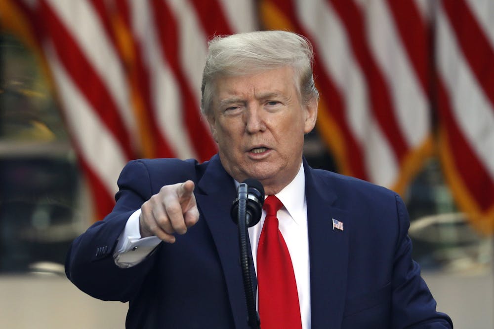 <p>President Donald Trump speaks April 27 at a news conference in the Rose Garden at the White House in Washington, D.C.</p>