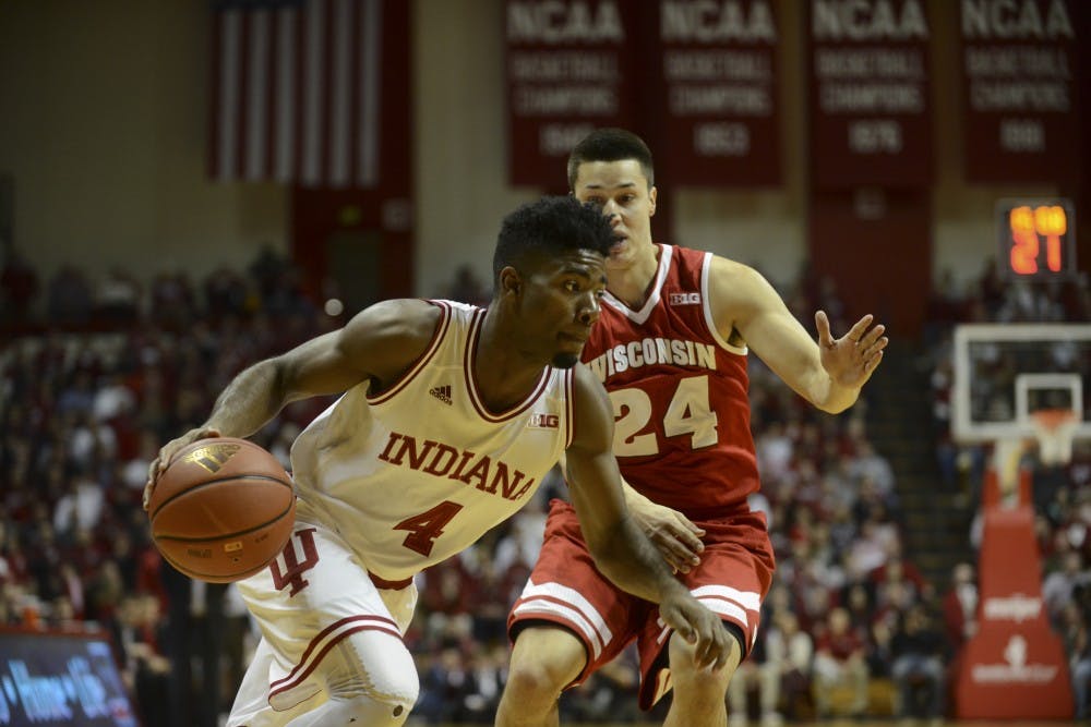 Freshman guard Robert Johnson drives towards the basket during the game against Wisconsin on Jan. 5 at Assembly Hall. The Hoosiers won, 59-58.