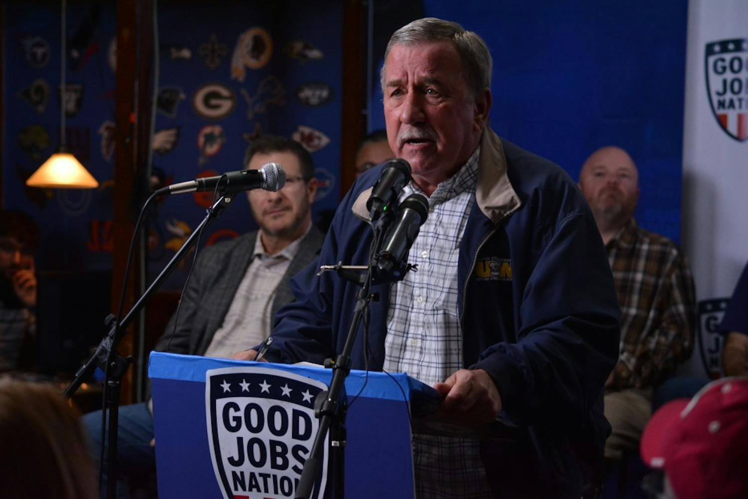 Former Indianapolis United Steelworkers President Chuck Jones spoke out against Carrier layoffs at a press conference in Sully's Bar and Grill on Wednesday night. Jones said the selfishness of the Trump family and large corporations are contributing to the culture of job outsourcing.