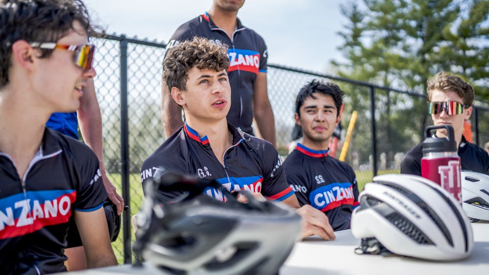 Team Cinzano gathers for an interview April 4, 2023, at Bill Armstrong Stadium. Cinzano will compete in Little 500 for the first time since 2007.