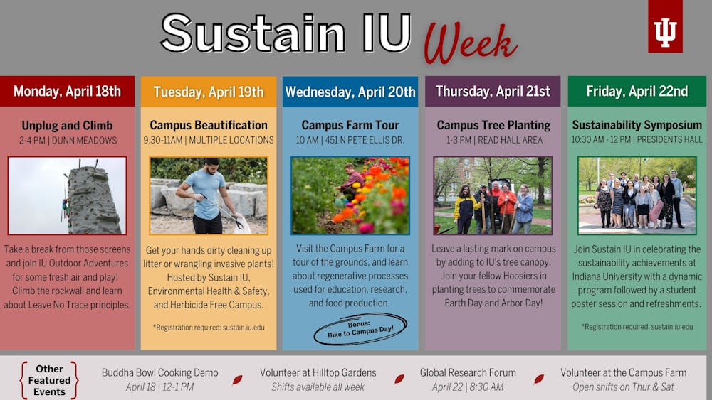 The Sustain IU Week schedule is pictured. There will be a multitude of free events for students to participate in.