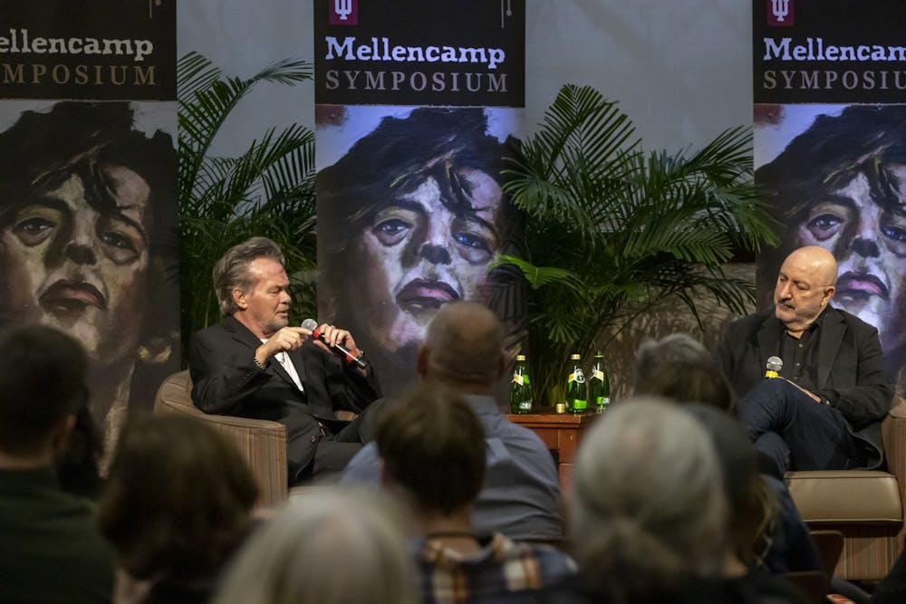 <p>John Mellencamp answers Anthony DeCurti&#x27;s questions during the Mellencamp Symposium March 3, 2023, inside Franklin Hall. IU President Pamela Whitten announced that Mellencamp will donate an archived collection of his works to IU.<br/><br/></p>