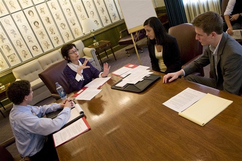 Indiana Sen. Vi Simpson consults with IU Student Association members Andrew Hahn,  Jill Deluna, and Torrey Kittle about an IUSA tax proposal on Friday in the Indiana Memorial Union. The proposal seeks to institute a statewide tax free weekend on back-to-school purchases.