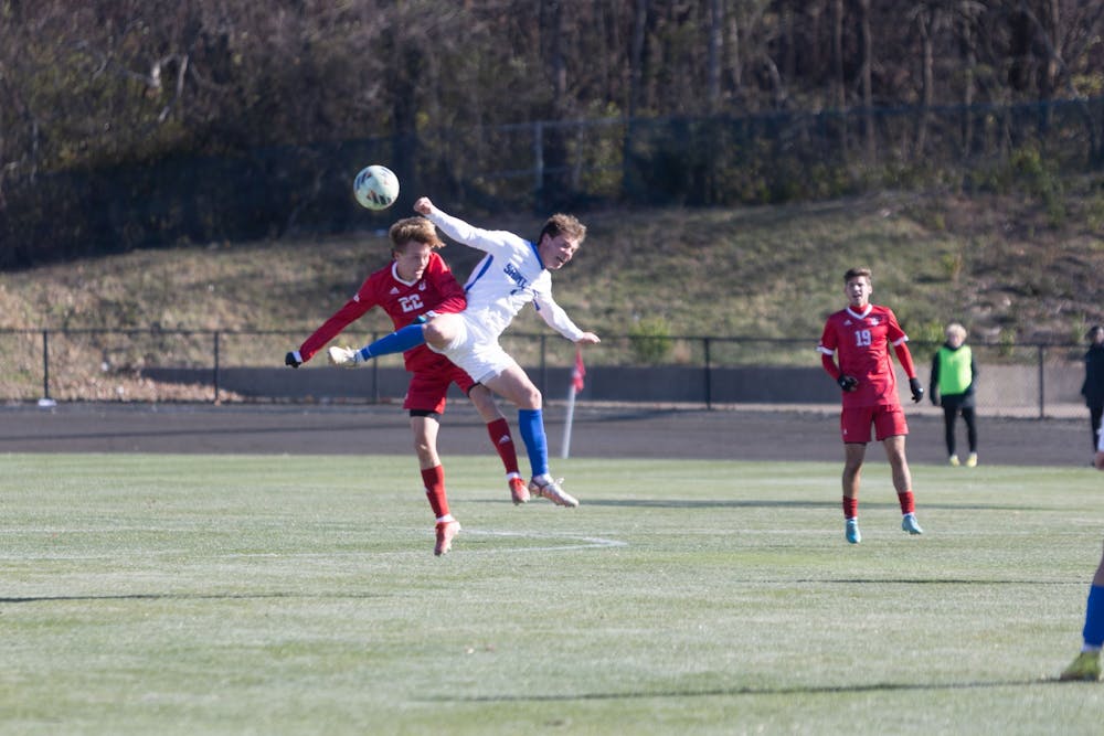 <p>Sophomore midfielder Patrick McDonald meets a St. Louis player midair Nov. 20, 2022, at Bill Armstrong Stadium. The Hoosiers defeated No. 12 UNC Greensboro 2-0.</p>