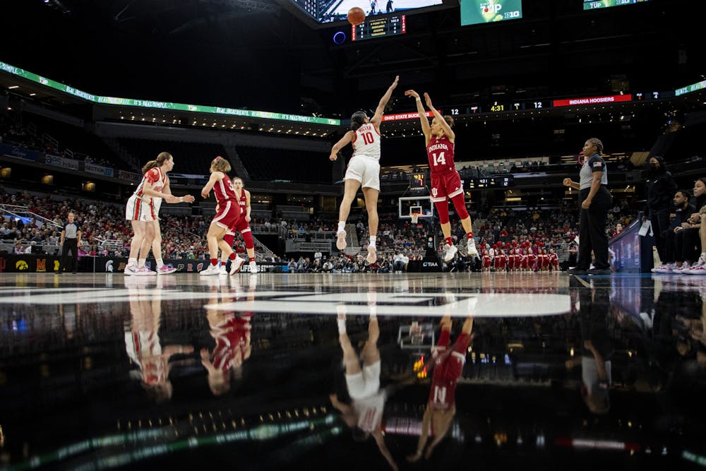 <p>Graduate guard Ali Patberg shoots the basketball in the first quarter against Ohio State on March 5, 2022, at Gainbridge Fieldhouse in Indianapolis. Patberg played 38 minutes in the win over Ohio State in the semifinals of the Big Ten Tournament.</p>