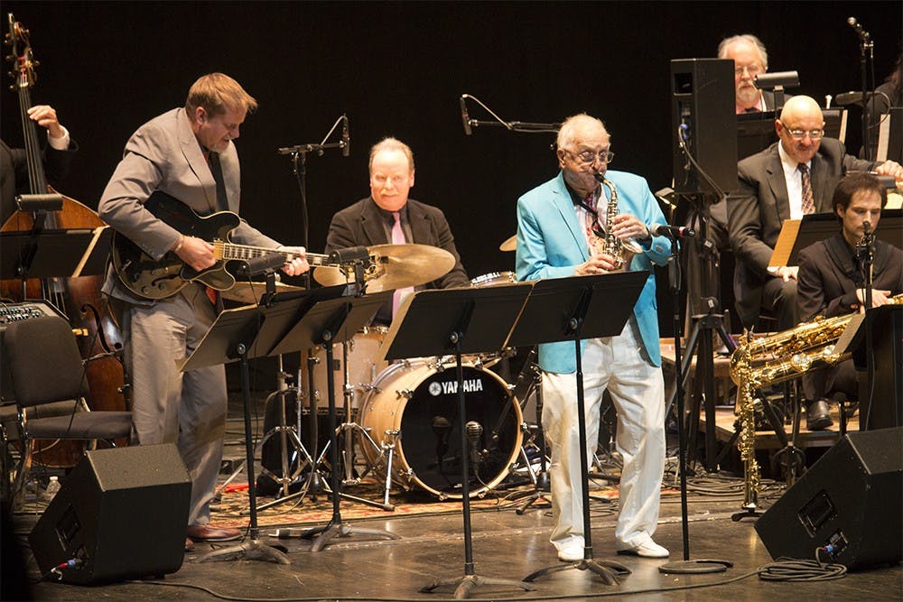 Roger Pemberton, an IU Jazz Alumni Hall of Fame inductee, performs with the faculty/student jazz ensemble Saturday night at the Musical Arts Center. Pemberton performs his musical talents on both the soprano saxophone and flute.