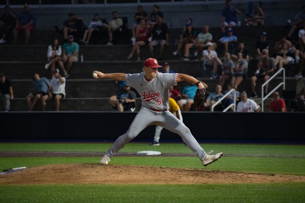 Freshman right-handed pitcher Brayden Risedorph throws a pitch at Kentucky Proud Park against West Virginia University June 2, 2023 in Lexington, Kentucky. The Hoosiers will go on to play the University of Kentucky on Saturday at 6pm.