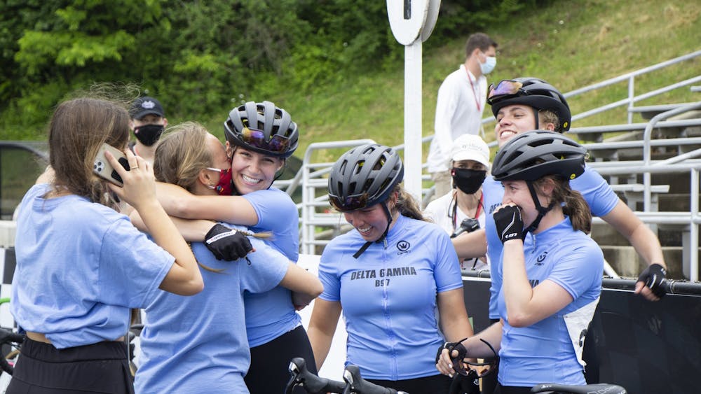 The Delta Gamma team celebrates after the Women&#x27;s Little 500 race Wednesday at Bill Armstrong Stadium. Delta Gamma won its fourth Little 500 race Wednesday.