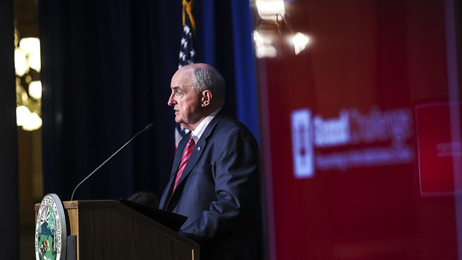 President McRobbie speaks at the press conference on the opioid crisis initiative at the Indiana State House in Indianapolis on Tuesday. The Indiana University "Grand Challenge" plans to target the opioid crisis while partnering with the Governor's Office and IU Health.