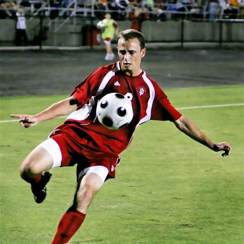 Sophomore midfielder Rich Balchan eyes the ball during the Hoosiers' 2-1 loss to UC Santa Barbara on Friday night at Bill Armstrong Stadium.