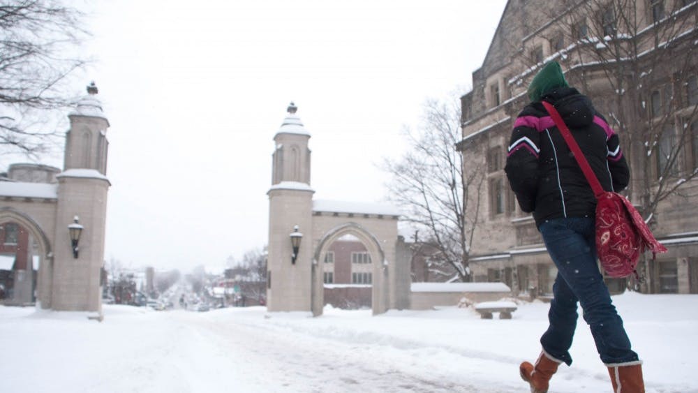 A student makes her way down a snow-covered path between the Old Crescent and Sample Gates. Students can expect to see up to seven inches of snow this weekend after weeks of above-average temperatures.&nbsp;
