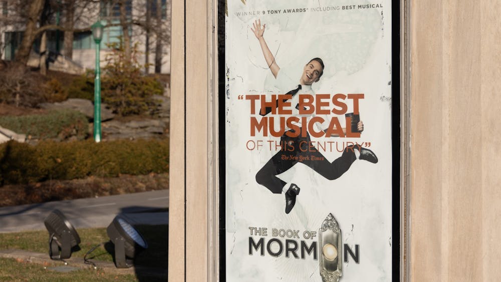 A promotional poster for the musical &quot;The Book of Mormon&quot; is shown Saturday, Jan. 14, 2023, outside of the IU Auditorium. The musical has been lauded by critics and won nine Tonys, including Best Musical. &quot;The Book of Mormon&quot; will be playing at the IU Auditorium from Jan. 17 through Jan. 19 at 7:30 p.m. for three evenings.