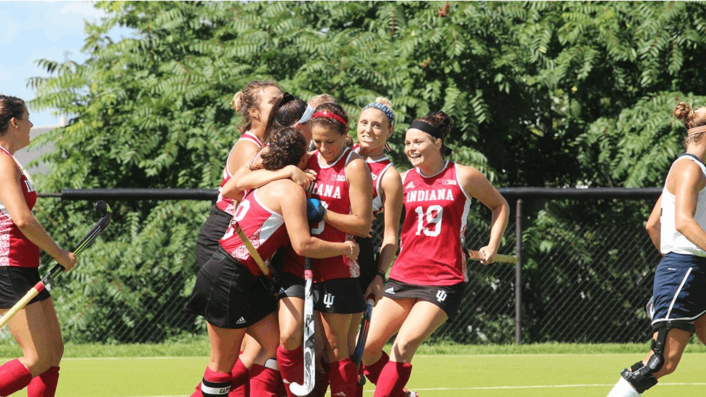 The IU Women’s Field hockey team celebrates their first goal in their game on Sept. 11 against the University of New Hampshire at the IU Field Hockey Complex.