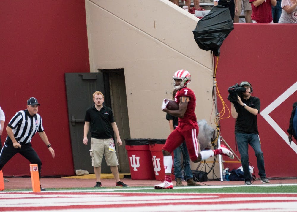 Redshirt freshman wide receiver Taysir Mack reaches the end zone after receiving a pass from freshman quarterback Peyton Ramsey during the game against Charleston Southern on Oct. 7 at Memorial Stadium. Mack is one of three IU players who recently announced their transfer destinations.&nbsp;