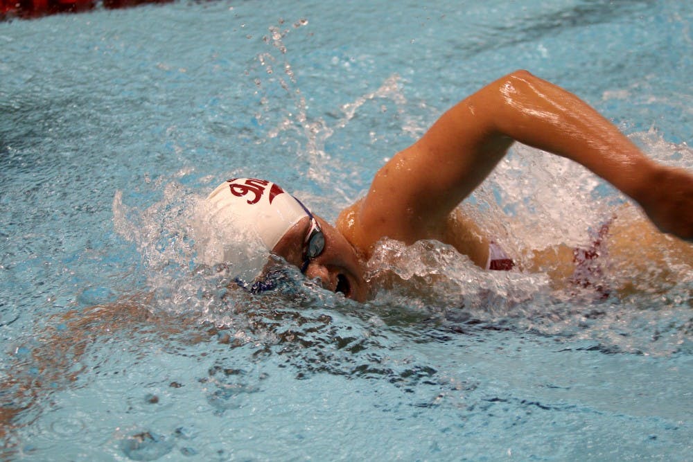 <p>Sophomore Anne Rouleau swims in the women’s 1,000-yard freestyle against Kentucky, Notre Dame and Missouri. Rouleau finished with a time of 10:30.91.</p>