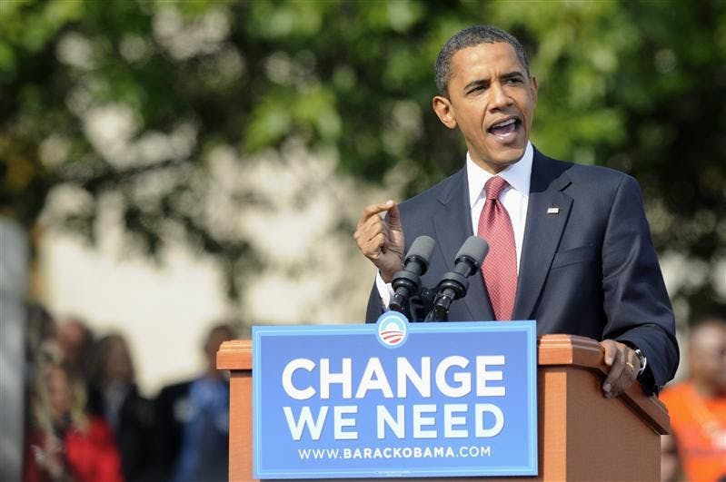 Democratic presidential candidate Sen. Barack Obama, D-Ill., speaks to a crowd of more than 35,000 people during a rally Thursday at the American Legion Mall in Indianapolis
