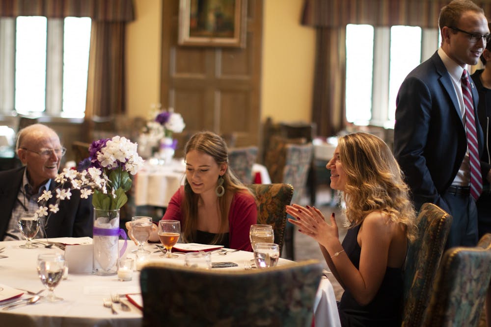 <p>Members of the IU law fraternity Phi Alpha Delta talk and eat April 10, 2019, in the Tudor Room of the Indiana Memorial Union. The Tudor Room will reopen Tuesday and will operate Tuesday through Friday from 11 a.m. to 2 p.m.</p>