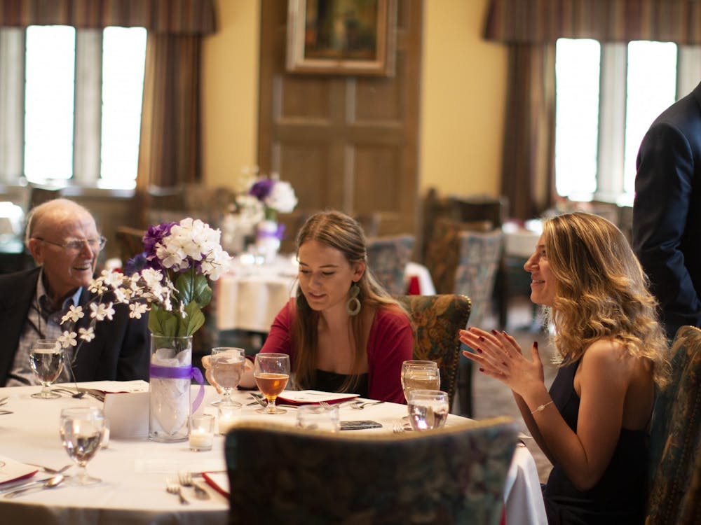 Members of the IU law fraternity Phi Alpha Delta talk and eat April 10, 2019, in the Tudor Room of the Indiana Memorial Union. The Tudor Room will reopen Tuesday and will operate Tuesday through Friday from 11 a.m. to 2 p.m.