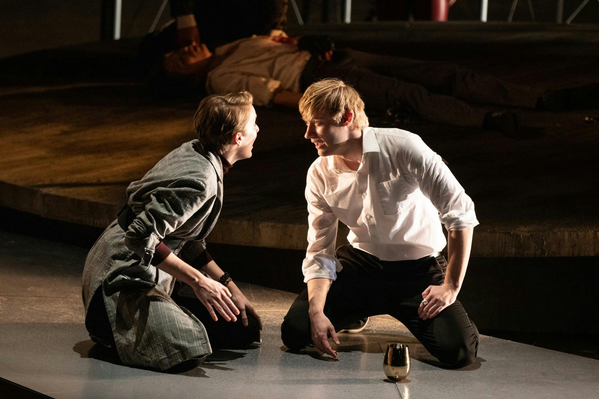 Actors Michael Bayler and Glynnis Kunkel-Ruiz perform a scene Dec. 3 during dress rehearsal at Ruth N. Halls Theatre. Kunkel-Ruiz portrayed Horatio, a traditionally male character, as androgynous.