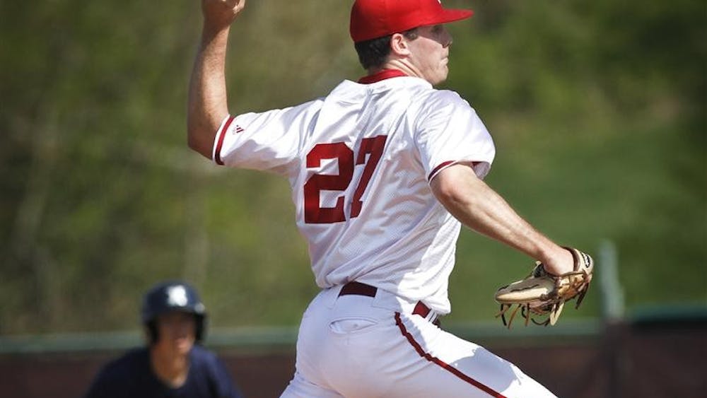 Sophomore pitcher Brian Korte throws the ball during IU's 11-3 loss against Xavier on Tuesday at Sembower Field.
