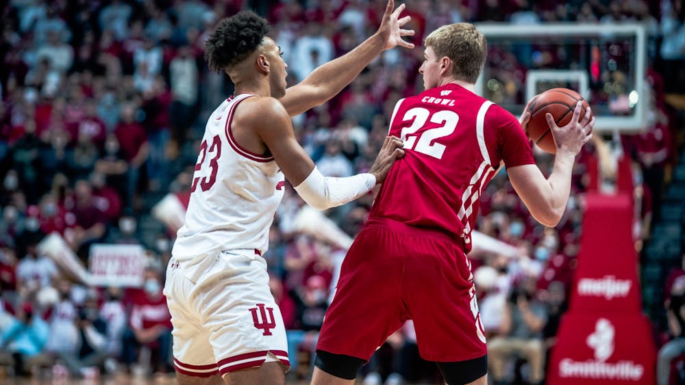 Sophomore forward Trayce Jackson-Davis gaurds Wisconsin&#x27;s Steven Crowl Feb. 15, 2022, at Simon Skjodt Assembly Hall. Indiana will play at Ohio State at 7 p.m. Feb. 21. 