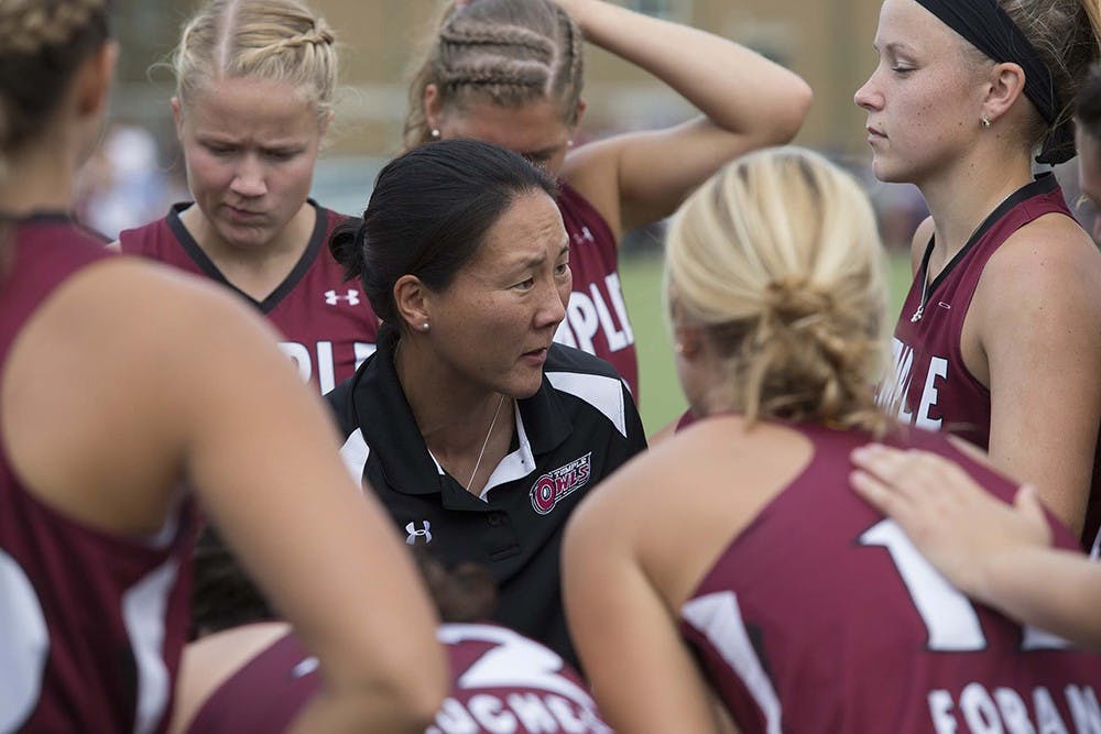 <p>IU Coach Amanda Janney Misselhorn talks to her team during a Sept. 21, 2014, game against Drexel, when she was still head coach at Temple. Janney Misselhorn stepped down from her position at IU on Monday, according to an IU Athletics release.</p>
<p><br></p>