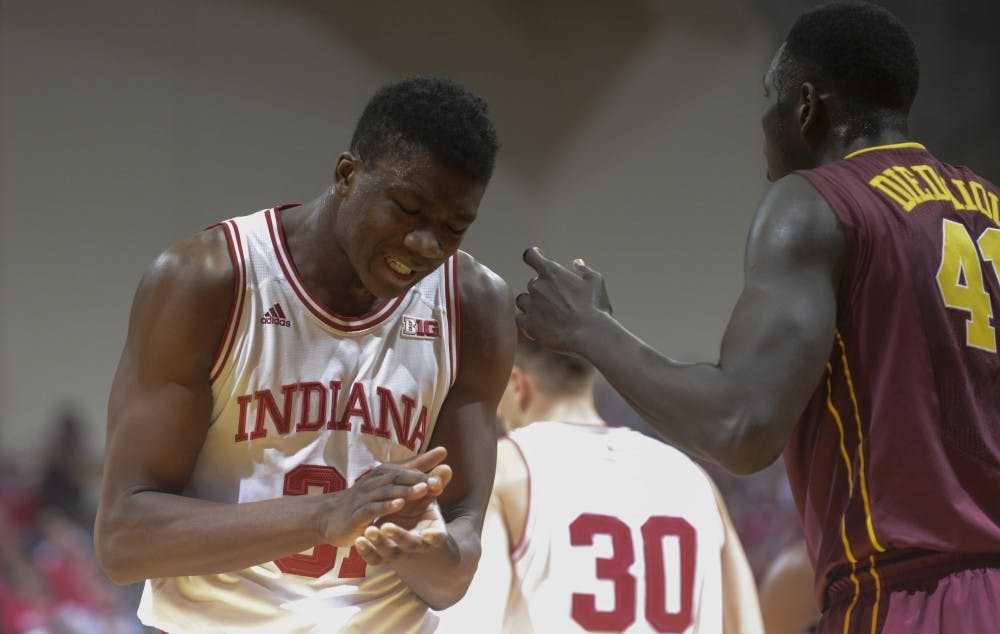 Freshman center Thomas Bryant celebrates after drawing a foul for a 3-point play during the game against Minnesota on Saturday at Assembly Hall. The Hoosiers won 74-48.
