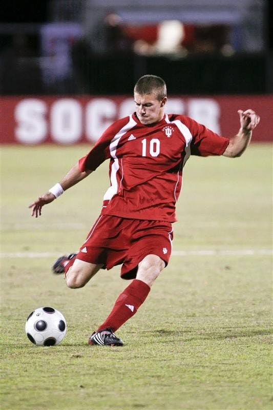 Sophomore forward and midfielder Andy Adlard prepares a kick during the No. 18 Hoosiers 1-0 upset win over No. 13 Louisville on Wednesday night at Bill Armstrong Stadium. Adlard scored the game winning goal in the 81st minute for his fouth goal of the season.