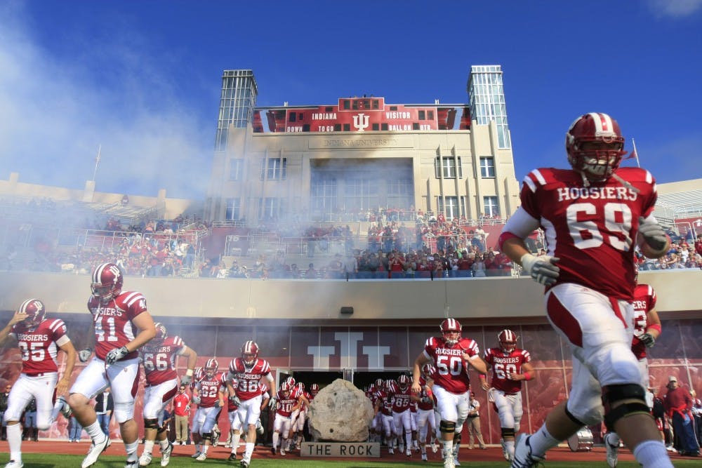 The Hoosier football team takes the field before the start of the homecoming game Sept. 17, 2010, at the Memorial Stadium. The Hoosiers beat Arkansas State 36-34. 