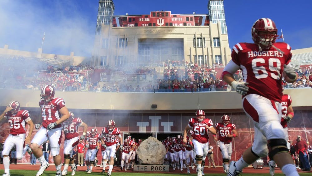 The Hoosier football team takes the field before the start of the homecoming game Sept. 17, 2010, at the Memorial Stadium. The Hoosiers beat Arkansas State 36-34. 