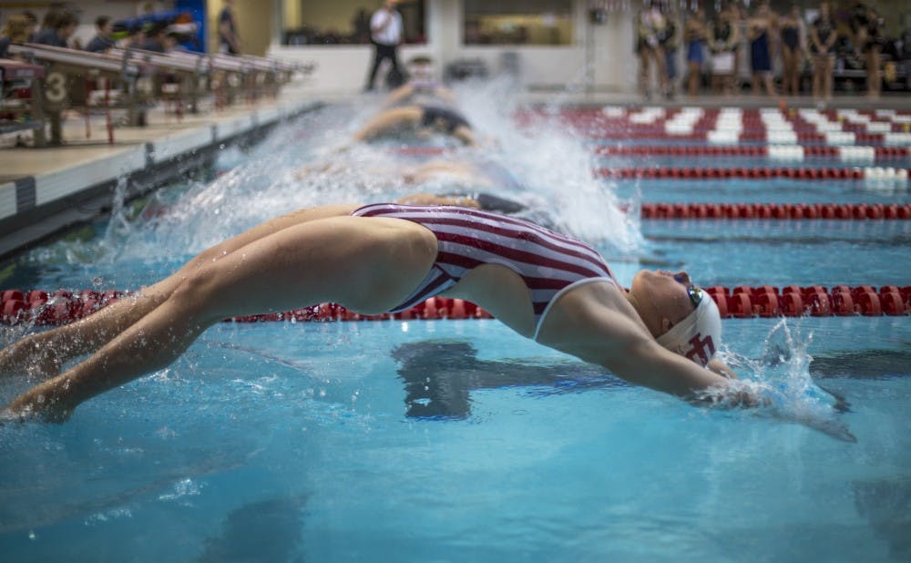 <p>Freshman Camryn Forbes plunges into the pool for the Women's 200m Backstroke Finals on January 20. IU competed in the Big Ten Championships last week in Columbus, Ohio.&nbsp;</p>