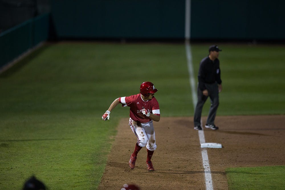 Senior second baseman Casey Rodrigue runs towards homeplate during one of the games in the weekend series at Stanford. IU won the first two games of the series before losing the finale 4-3 on Sunday.