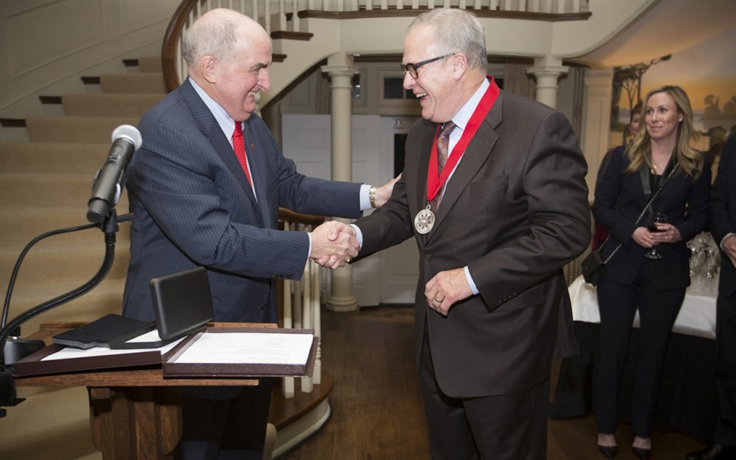 IU President Michael McRobbie awards the President's Medal for Excellence to John Lechleiter. The award is the highest honor an IU president can award and is given to recognize exceptional distinction in public service.
