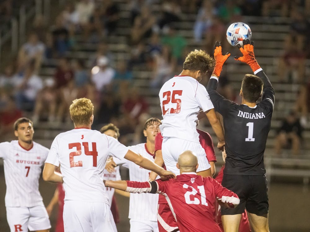 Then-junior goalkeeper Roman Celentano catches the ball to prevent a goal on Sept. 17, 2021 at Bill Armstrong Stadium. Indiana will face the Univesity of Portland with kickoff slated for 8 p.m. Tuesday. 