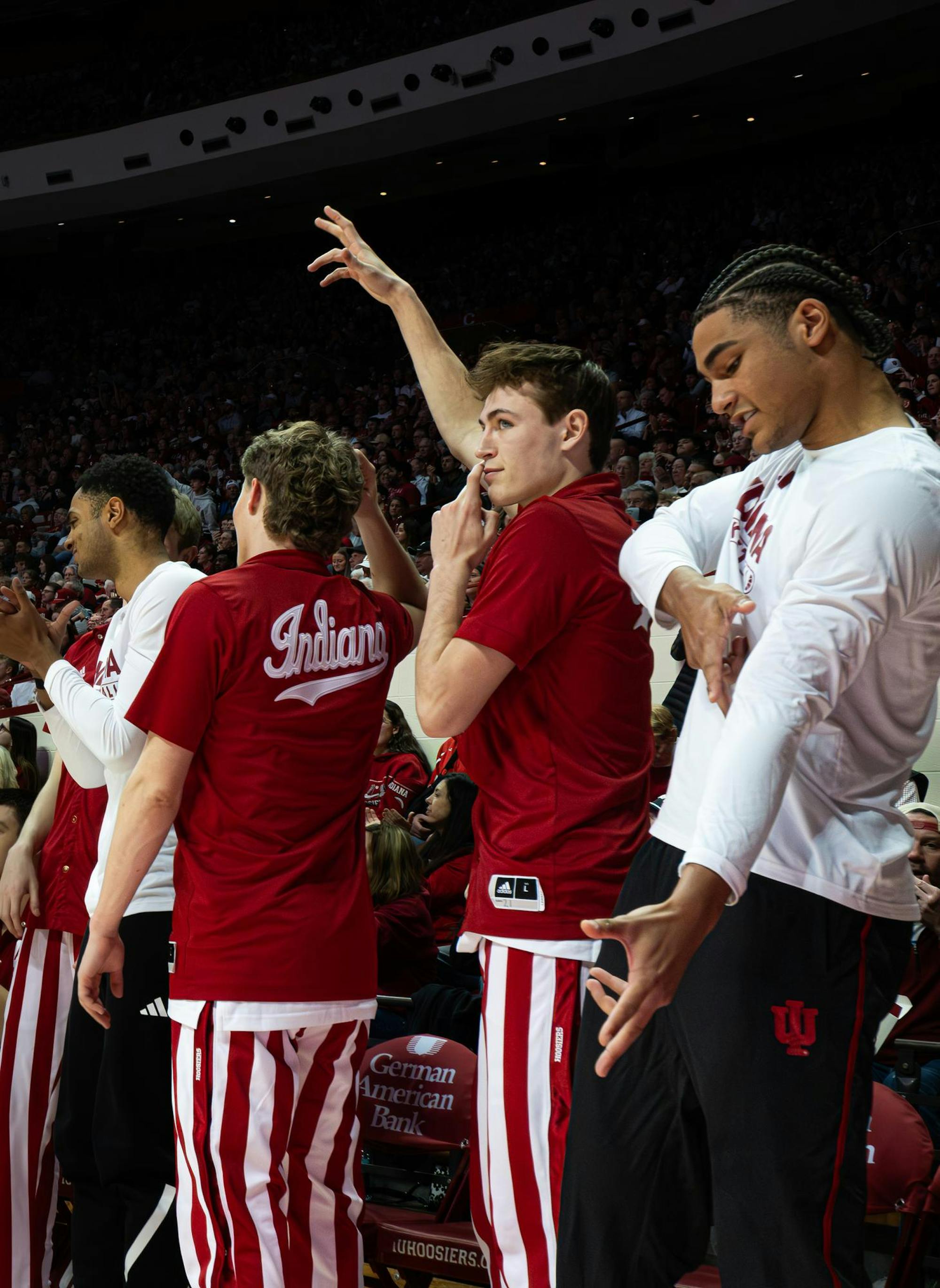 The Hoosiers celebrate a three-pointer against Northwestern on Feb. 24, 2026, at Simon Skjodt Assembly Hall in Bloomington. The Hoosiers fell to the Wildcats 68-72.  