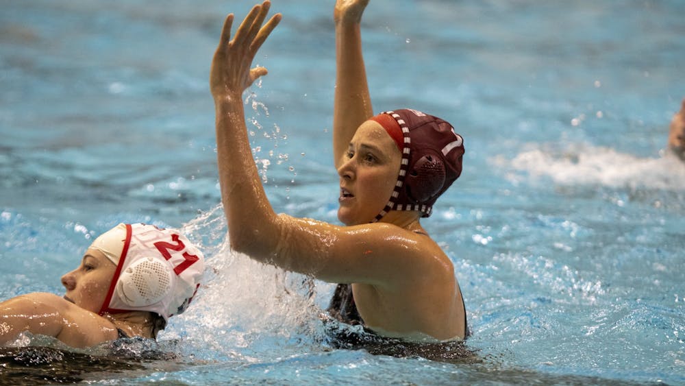 Senior Attacker Katherine Hawkins looks to receive a pass on Feb. 18, 2023 at Counsilman-Billingsley Aquatics center. This weekend, Indiana host No. 1 Stanford. 
