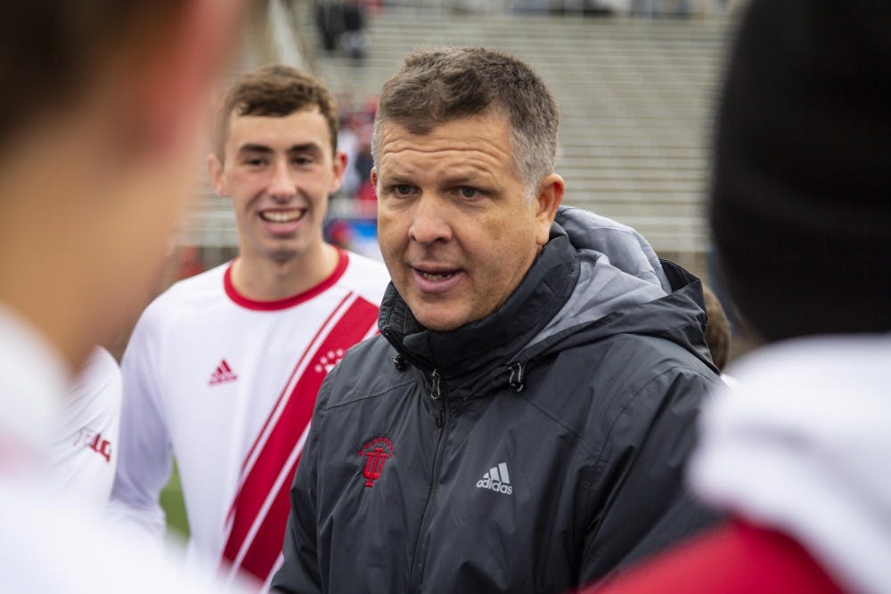 Head coach Todd Yeagley talks to his team after IU defeated the University of Connecticut in the second round of the NCAA Tournament on Nov. 18, 2018, at Bill Armstrong Stadium. IU will play Sacramento State University at home Sept. 27.