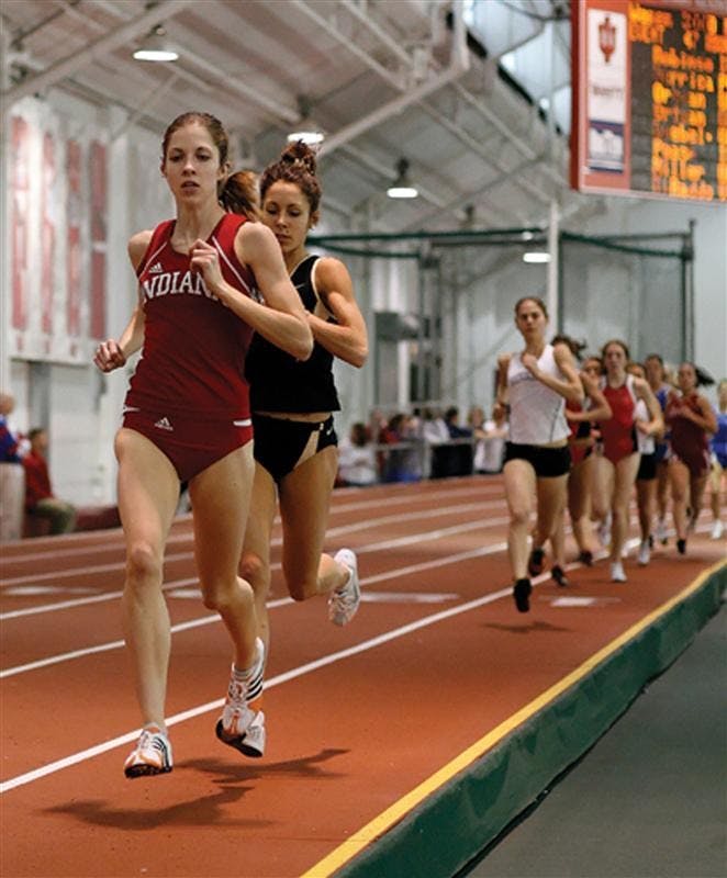 IU's Wendi Robinson leads the 3000 meter run during the Big Ten - SEC Challange on Jan. 19 at Gladstein Fieldhouse. Robinson, a cross country runner as well, grabbed All-America honors with a top-30 finish at Nationals in Terre Haute a week ago. 