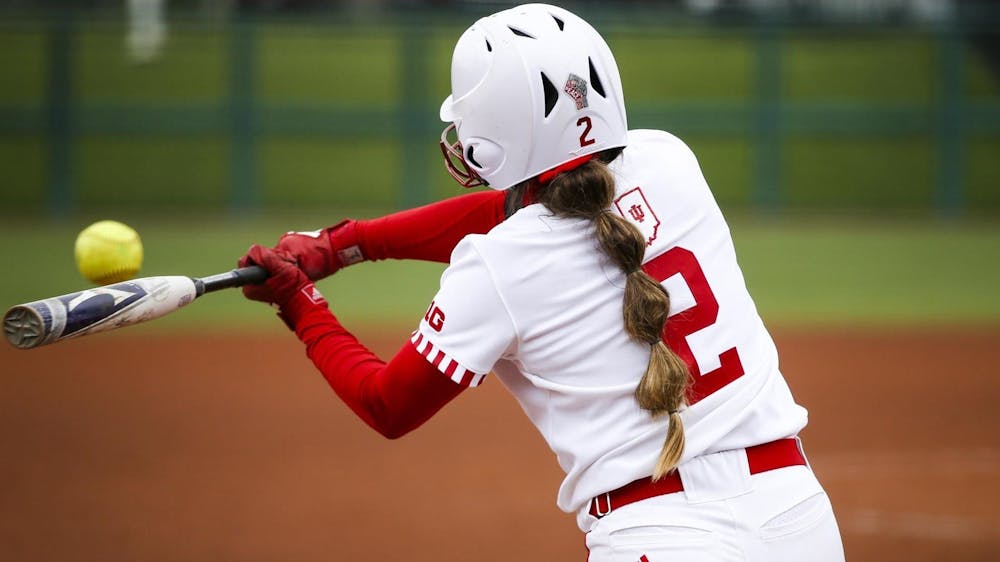<p>Then-freshman pitcher Macy Montgomery swings the bat March 28, 2021, at Andy Mohr Field. Indiana will play Ohio State in a three-game series on March 25-27 in Columbus, Ohio.</p>