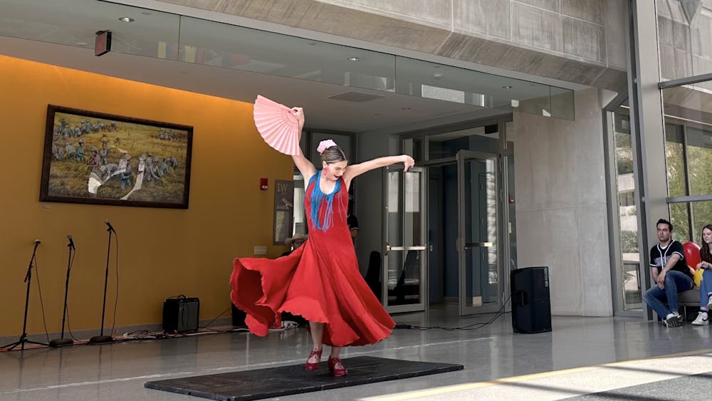 ﻿A traditional dancer performs flamenco April 15, 2023, at the Global &amp; International Studies Building. The event hosted Ballroom IU, Ritmos Latinos, Paso a Paso and more.