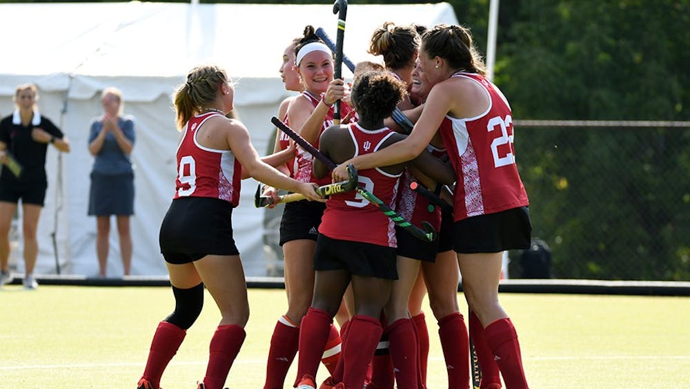 IU celebrates after redshirt senior defender Elle Hempt scores a goal against Maryland on Friday afternoon at the IU Field Hockey Complex. IU lost to Maryland, 3-1, to fall to 4-3 on the season.