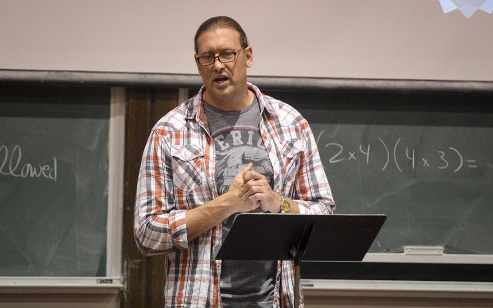 Former IU Basketball center/forward Todd Jadlow speaks about his experience overcoming alcoholism Monday evening in Rawles Hall. Jadlow recently released his book regarding the subject titled “Jadlow: On the Rebound” and states how he used alcohol to drown his own personal problems.