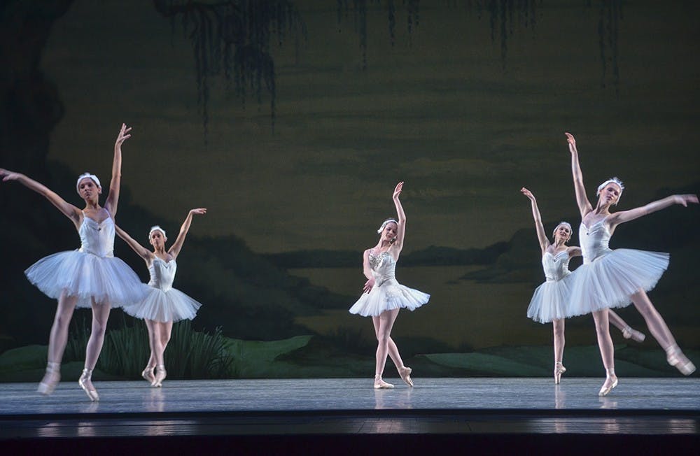 <p>Ballerinas perform the second act of &quot;Swan Lake&quot; during a dress rehearsal on March 23, 2015, at the Musical Arts Center. IU Ballet Theater will present “A Look Back” from April 1-2. </p>