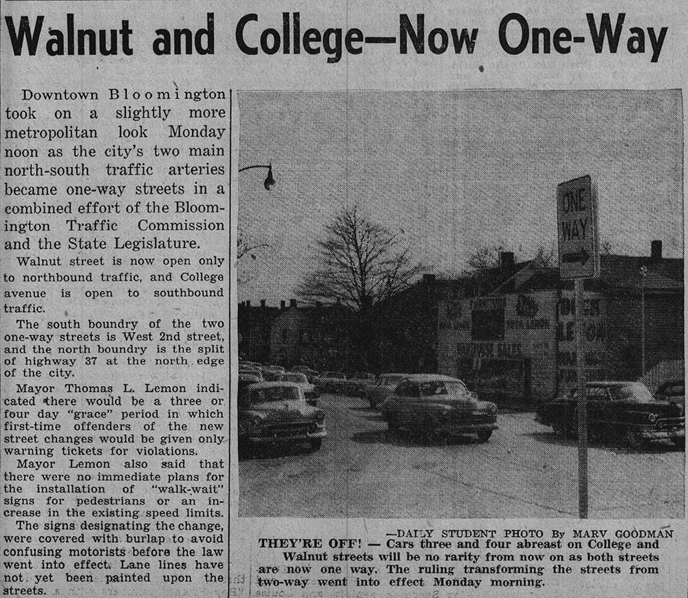 THEY’RE OFF! -Cars three and four abreast on College and Walnut streets will be no rarity from now on as both streets •are now one way. The ruling transforming the streets from  two-way went into effect Monday morning. PHOTO By MARV GOODMAN