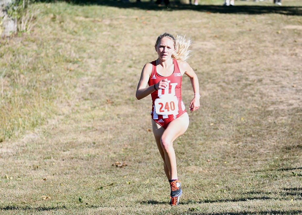Junior Katherine Receveur runs during the Sam Bell Invitational on Sept. 30, 2017, at the IU Championship Cross Country Course.&nbsp;