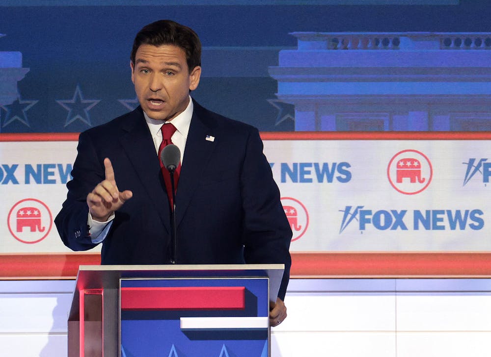 <p>Republican presidential candidate and Florida Gov. Ron DeSantis participates in the first debate of the GOP primary season hosted by FOX News at the Fiserv Forum in Milwaukee, Wisconsin on Aug. 23, 2023.  Immigration discourse took center stage at first GOP debate.</p>