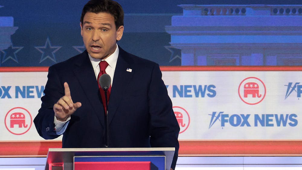 Republican presidential candidate and Florida Gov. Ron DeSantis participates in the first debate of the GOP primary season hosted by FOX News at the Fiserv Forum in Milwaukee, Wisconsin on Aug. 23, 2023.  Immigration discourse took center stage at first GOP debate.